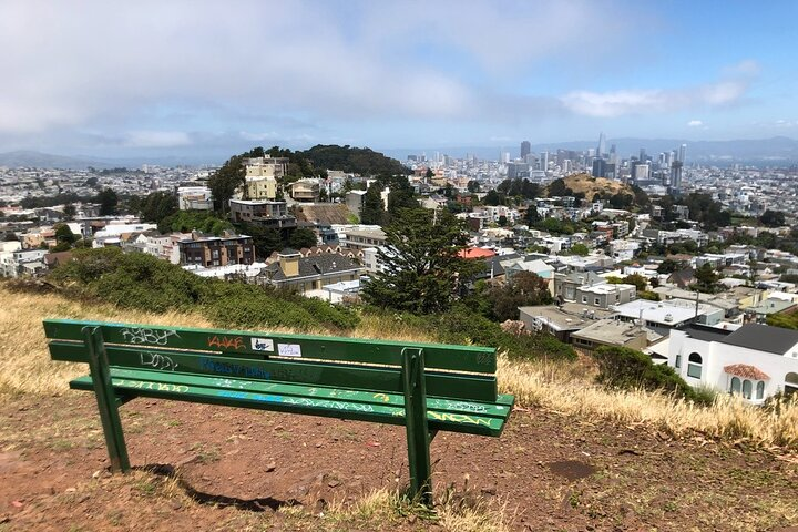 Experience stunning views of San Francisco from a unique hillside bench capturing the city's rich history and diverse neighborhoods while enjoying the serene surroundings of Eureka Valley during your adventure.